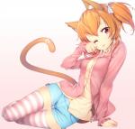 accessory arm_support bottomwear cat_paws cat_tail clothing female furgonomics gradient gradient_background hair jacket legwear looking_at_viewer one_eye_closed orange_hair pattern_clothing pattern_legwear paws pink_eyes ribbons short_twintails shorts simple_background sitting solo striped_clothing striped_legwear stripes tail tail_accessory tail_ribbon tongue tongue_out topwear wink zizi_(zz22) animal_humanoid cat_humanoid domestic_cat felid felid_humanoid feline feline_humanoid felis humanoid mammal mammal_humanoid digital_media_(artwork) shaded