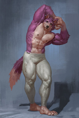abs anthro barazoku barefoot biceps big_muscles bottomwear bulge claws clothed clothing feet fur grey_background huge_muscles humanoid_feet looking_at_viewer male muscular muscular_anthro muscular_male navel nipples obliques painterly pants pecs plantigrade quads serratus shadow simple_background solo standing stretching sweatpants thick_thighs tight_bottomwear tight_clothing tight_pants topless topless_anthro topless_male triceps tuft taran_fiddler canid canine canis mammal wolf 2023 2:3 dated hi_res signature