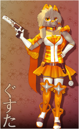 alternative_fashion anthro arm_drapes armor belt clothed clothing crossdressing dangle_accessory dress femboy floppy_ears fur gloves greaves grey_body grey_fur gun hair handgun handwear holding_gun holding_handgun holding_object holding_ranged_weapon holding_revolver holding_weapon horn legwear male orange_clothing orange_dress orange_eyes orange_horn ranged_weapon revolver rsh-12 solo thigh_highs tongue tongue_out utility_belt weapon white_clothing white_gloves white_handwear white_legwear white_thigh_highs conditional_dnp gusta gusta_(gusta) bovid caprine goat mammal hi_res
