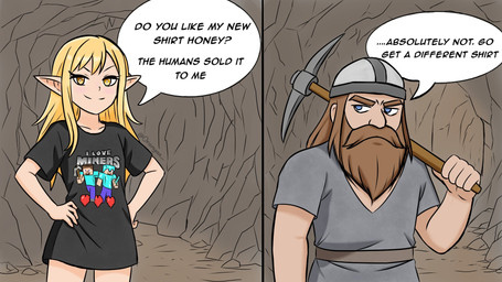 armor beard black_clothing black_shirt black_t-shirt black_topwear blonde_hair blue_eyes brown_beard brown_facial_hair cave clothing dialogue diamond_armor diamond_sword disgust duo eyebrows eyeliner facial_hair female grey_clothing grey_shirt grey_topwear hair hands_on_hips headgear heart_symbol helmet holding_pickaxe humanoid_pointy_ears humor long_hair makeup male meme_shirt miner not_furry pickaxe pickaxe_(minecraft) pointy_ears pun shirt smile smirk smirking_at_another speech_bubble t-shirt talking_to_another text topwear visual_pun white_body white_sclera white_skin yellow_eyes oranyaa microsoft minecraft mojang xbox_game_studios lori_(oranyaa) steve_(minecraft) unnamed_character dwarf elf humanoid 16:9 2025 comic digital_drawing_(artwork) digital_media_(artwork) english_text hi_res watermark widescreen