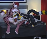 4_toes anthro balls bed bedroom collar controller distracted distracted_gaming duo erection feet fellatio fingers fur furniture game_controller gaming genitals hair harness hindpaw humanoid_genitalia humanoid_penis lying male male/male male_penetrating markings masturbation nipples nude on_bed oral oral_penetration paws penetration penile penile_masturbation penile_penetration penis playing_video_game playstation_controller sex spots spotted_body striped_body stripes tail toes white_body white_fur neash playstation sony_corporation sony_interactive_entertainment zuri_(serene_form) cheetah felid feline mammal digital_drawing_(artwork) digital_media_(artwork) hi_res