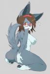 anthro big_breasts big_butt blush breasts butt canid canine coffeechicken digital_media_(artwork) eyewear female fur glasses hair kemono looking_at_viewer looking_back mammal monochrome naturally_censored nipple_tuft nude shaded side_boob simple_background solo tuft