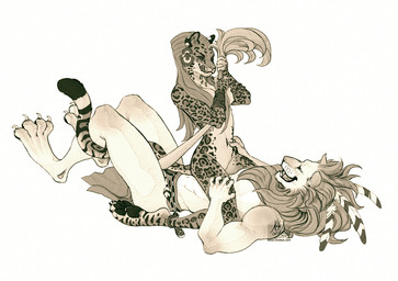 anthro armlet athletic bottomwear bracelet clothed clothing duo eye_contact fangs feathers featureless_crotch female female_on_top grin hip_grab jewelry loincloth looking_at_another male male_on_bottom navel nude on_bottom on_top romantic romantic_couple smile straddling teeth tongue tongue_out topless chutkat felid jaguar lion mammal pantherine monochrome sepia