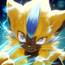 anthro black_body black_fur blue_eyes claws fangs fur glowing glowing_eyes lightning_bolt looking_at_viewer male multicolored_body multicolored_fur ribbons simple_background smile smirk solo teeth tuft two_tone_body two_tone_fur white_sclera yellow_body yellow_fur atelier_rhyme nintendo pokemon pokemon_unite zephyr_(atelier_rhyme) generation_7_pokemon legendary_pokemon pokemon_(species) zeraora 1:1 2023