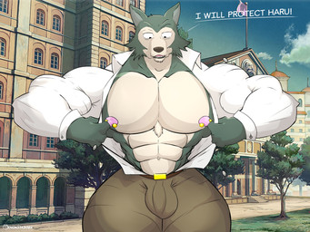 anthro balls_outline bulge college detailed_bulge genital_outline hyper male muscular muscular_anthro nipple_piercing nipples piercing school solo monstadog beastars legoshi_(beastars) canid canine canis mammal wolf 4:3 absurd_res hi_res