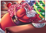 anthro big_breasts bowl breasts christmas_clothing christmas_decorations christmas_dress christmas_headwear christmas_tree clothed clothing container cookie curled_hair dress eating female fireplace food furniture hair hat headgear headwear holidays long_hair night obese obese_anthro obese_female overweight overweight_anthro overweight_female pink_eyes pink_hair pink_nose plant santa_hat snow snowing solo sphere table text topwear tree yellow_sclera lionberrymochi christmas rin_kumoshiko santa_claus felid feline lion mammal pantherine absurd_res english_text hi_res