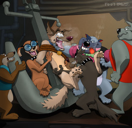 4_toes anchor bdsm black_collar black_nose blue_clothing bodily_fluids bondage bound bow_tie brown_body brown_fur brown_nose cigar claws clothed clothing collar crying_laughing eyewear feet fur glasses green_bow_tie grey_body grey_fur group laugh male multicolored_body multicolored_fur open_mouth open_smile pink_tongue red_clothing restraints rope rope_bondage smile smoking smoking_cigar spiked_collar spikes tail tan_body tan_fur tears teeth tickle_fetish tickle_torture tickling tickling_armpits tickling_feet tickling_sides toe_claws toes tongue wearing_glasses foot-paws all_dogs_go_to_heaven don_bluth carface_carruthers charlie_barkin canid canine canis domestic_dog mammal absurd_res hi_res