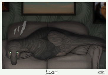 ambiguous_gender arm_feathers camera_flash claw_marks date feathers feral furniture glistening glistening_eyes glowing glowing_eyes inside loaf looking_at_viewer photo pillow portrait_(object) scales sitting sofa solo text joltiks dinosaur dromaeosaurid feathered_dinosaur feathered_scalie prehistoric_species reptile scalie theropod utahraptor absurd_res english_text hi_res