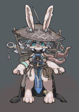 4_toes anatomically_inaccurate anatomically_inaccurate_pawpads anthro backpack bell blue_clothing blue_eyes breasts cape chinese_hat clothing feet female grey_background hair headgear key long_ears looking_at_viewer neckwear pawpads rabbit_ears simple_background solo tentacles toes tgab lagomorph leporid mammal rabbit absurd_res hi_res