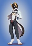 anthro bottomwear bulge clothed clothing collar harness jockstrap male necktie open_bottomwear open_clothing open_pants open_shirt open_topwear pants pawpads paws shirt solo teasing topwear underwear the-crowfox mulipios border_collie canid canine canis collie domestic_dog herding_dog mammal pastoral_dog sheepdog absurd_res hi_res