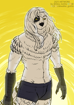 ambiguous_gender anthro beak clothing feathered_crest feathers head_crest pose spots tail tail_feathers talon_hands underwear wind dewaltergotita hooter_(hooter) avian bird horned_owl owl snowy_owl true_owl absurd_res hi_res sketch