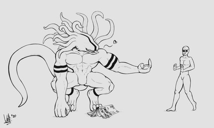 5_fingers abs anthro arm_markings back_tentacles crouching duo eyeless fingers head_markings leg_markings long_tail magazine male markings muscular muscular_male nude outstretched_arm pseudo_hair simple_background size_difference smile tail tentacle_hair tentacles text tongue tongue_out walking wolfarion anon human mammal monster 2020 english_text hi_res monochrome signature