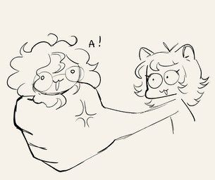 a ambiguous_gender anthro big_hands cross-popping_vein curly_hair duo eyelashes eyewear female fist glasses hair holding_another huge_hands humor looking_at_another medium_hair round_glasses simple_background tan_background text veiny_hands chewtoyys lucky_(chewtoyys) domestic_cat felid feline felis human mammal 2025 black_and_white digital_drawing_(artwork) digital_media_(artwork) half-length_portrait monochrome portrait sketch nonbinary_(lore)