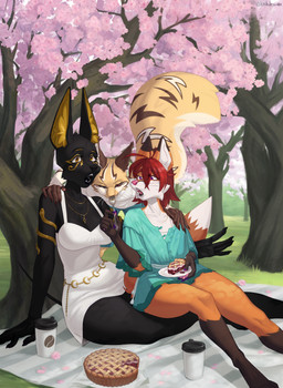 anthro armband bedding black_body black_fur blanket blouse blue_eyes bottomwear brown_body brown_fur cherry_blossom cherry_blossom_tree cherry_tree clothing coffee_cup container cup cutlery dipstick_arms dipstick_ears dipstick_fingers dipstick_legs dipstick_tail dress ear_markings ear_tuft eating eating_food eye_of_horus eye_of_ra feeding_partner female female/female flower fork fruit_tree fur group hair hand_on_leg hand_on_shoulder hand_on_thigh heterochromia inner_ear_fluff jewelry kitchen_utensils male male/female markings multicolored_ears necklace orange_body orange_fur picnic pie_(food) plant plate prunus_(flower) purple_eyes red_eyes red_hair shirt shorts stealing stealing_food striped_body stripes sundress t-shirt tail tail_markings tattoo teal_clothing tools topwear tree trio tuft white_body white_clothing white_fur yellow_eyes yellow_inner_ear_fluff kitik1 raen_(crimsir) tara_(crimsir) tara_sirisdottir anubian_jackal canid canine canis domestic_cat felid feline felis fox jackal maine_coon mammal hi_res