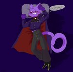 anthro bedroom_eyes blush bottomwear cloak clothing dialogue fur lying male narrowed_eyes on_back purple_body purple_fur ruffled_collar seductive solo topwear vampire_costume ffwix mob_entertainment poppy_playtime smiling_critters catnap_(poppy_playtime) felid feline mammal vampire hi_res