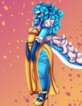 anthro big_butt blue_body blue_hair blue_lips breasts butt chest_tuft clothed clothing covered_eyes dress female fluffy fluffy_chest fluffy_hair fluffy_tail footwear fur hair high_heels horn lips multicolored_body shoes small_breasts solo tail thick_thighs tongue tongue_out tuft white_body white_fur wide_hips zortrex mythology cloudy_(zortrex) dragon furred_dragon furred_scalie mythological_creature mythological_scalie scalie absurd_res hi_res