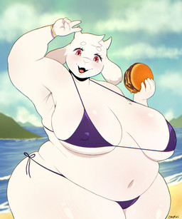 anthro beach belly big_breasts bikini bikini_bottom bikini_top bracelet breasts burger clothing female food fur gesture hand_gesture holding_food holding_object jewelry obese obese_anthro obese_female overweight overweight_anthro overweight_female raised_arm red_eyes slightly_chubby slightly_chubby_female smile solo swimwear thick_thighs tight_clothing two-piece_swimsuit v_sign water white_body white_fur wide_hipped_female wide_hips jaypixi undertale_(series) toriel bovid caprine goat mammal 5:6 absurd_res hi_res