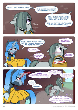 armor blue_hair blue_tail blush dialogue duo eyebrow_through_hair eyebrows female feral flirting foreshadowing glowing glowing_eyes glowing_horn gradient_hair grey_body grey_hair grey_tail hair horn male purple_eyes tail text thought_bubble translucent translucent_hair redxbacon friendship_is_magic hasbro my_little_pony mythology fan_character marble_pie_(mlp) pillow_talk_(redxbacon) earth_pony equid equine horse mammal mythological_creature mythological_equine pony unicorn absurd_res comic english_text hi_res