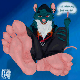 5_fingers 5_toes angry anthro bangs barefoot belt belt_buckle black_bottomwear black_clothing black_pants black_shirt black_sleeveless_shirt black_topwear blue_background blue_body blue_fur bottomwear buckle claws clothed clothing denim denim_bottomwear denim_clothing dialogue ear_piercing ears_up eyebrows facial_piercing feet fingers fluffy fluffy_ears fluffy_shoulders foot_fetish foot_focus fur gesture hair hand_gesture hat headgear headwear humanoid_feet humanoid_hands jeans light male mane middle_finger neck_tuft nose_piercing nose_ring open_mouth pants piercing pink_ears pink_feet pink_fingers pink_nose plantigrade print_clothing rat_ears rat_tail red_eyes ring_piercing rude shadow shirt simple_background sitting sleeveless_shirt slim slim_anthro soles solo speech_bubble tail text toe_claws toes topwear torn_bottomwear torn_clothing torn_jeans torn_pants tuft tuft_ears white_body white_fur wrinkled_feet wrinkles brunisdraws epic_games fortnite fortnite:_battle_royale kd_rattical_(fortnite) mammal murid murine rat rodent 1:1 2026 absurd_res colored_line_art english_text full-length_portrait hi_res portrait signature