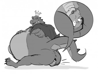 anthro belly big_belly big_butt butt cape clothing crown cutaway duo electronics facesitting headgear headphones long_tail male male/male overweight overweight_male sitting_on_another tail 13uckaroo donkey_kong_(series) nintendo sega sonic_the_hedgehog_(series) king_k._rool vector_the_crocodile crocodile crocodilian kremling reptile scalie digital_media_(artwork) greyscale hi_res monochrome