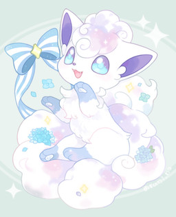 3_toes abstract_background ambiguous_gender blue_body blue_eyes blue_flower blue_fur blue_markings blue_ribbon digitigrade fangs feet feral flower fluffy fluffy_tail fur gloves_(marking) leg_markings markings multi_tail no_eyebrows no_eyelashes open_mouth open_smile pawpads paws plant purple_inner_ear ribbons smile socks_(marking) solo sparkles striped_ribbon tail teeth text toes two_tone_ribbon white_body white_fur white_pawpads white_ribbon white_text michi_runi nintendo pokemon alolan_form alolan_vulpix canid canine generation_7_pokemon mammal pokemon_(species) regional_form_(pokemon) 2019 artist_name digital_media_(artwork) low_res unavailable_at_source