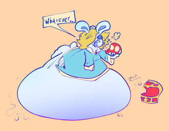 anthro belly big_belly blue_eyelids blue_eyes blue_inner_ear blue_line_art blue_tongue breasts breath butt clothing crown dialogue dress female female_anthro food_on_face fungus fur hair hair_over_eye headgear holding_mushroom holding_super_mushroom huge_belly hyper hyper_belly lidded_eyes long_ears looking_at_viewer lying medium_hair mitten_hands mushroom noseless obese obese_anthro obese_female on_front open_mouth orange_background overweight overweight_anthro overweight_female scut_tail short_tail simple_background solo speech_bubble super_mushroom tail talking_to_viewer teal_clothing teal_dress teeth text tongue torn_clothing torn_dress treasure_chest white_body white_fur white_tail octoguy mario_bros mario_plus_rabbids_sparks_of_hope nintendo raving_rabbids rayman_(series) ubisoft rabbid_rosalina lagomorph mammal rabbid 2023 colored_line_art crossover digital_drawing_(artwork) digital_media_(artwork) english_description english_text flat_colors hi_res