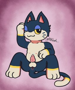 4_fingers animal_genitalia animal_penis anthro anus balls black_body black_fur cat_smile feline_genitalia feline_penis fingers fur genitals half-closed_eyes looking_at_viewer male narrowed_eyes one_eye_closed penile_spines penis presenting presenting_anus presenting_balls presenting_penis sitting smug_expression smug_face solo tail white_body white_fur wink winking_at_viewer yellow_body yellow_fur yellow_sclera pkfreak animal_crossing nintendo punchy_(animal_crossing) domestic_cat felid feline felis mammal 5:6 hi_res