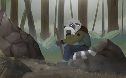 anthro black_nose blue_bottomwear blue_clothing blue_eyes blue_pants bottomwear cheek_tuft clothed clothing denim denim_bottomwear denim_clothing ears_back facial_tuft fog forest fur glistening glistening_eyes green_clothing green_topwear grey_body grey_fur grey_tail head_tuft jeans leaf looking_up male markings outside pants pivoted_ears plant rock sitting solo striped_markings striped_tail stripes tail tail_markings topwear tree tuft unsigned white_inner_ear white_tail pache_riggs mammal procyonid raccoon 16:10 widescreen