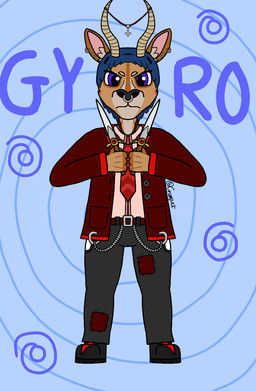 anthro blazer blue_hair clothing cross dagger detailed_background facial_piercing fake_horns gyro_(crumpet_fur) hair inverted_cross male melee_weapon necktie nose_piercing nose_ring patched_clothing piercing purple_eyes ring_piercing solo tan_body text uniform weapon crumpet_fur antelope bovid mammal hi_res trans_(lore)