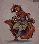 4_toes anthro barefoot belt bottomwear brown_body brown_fur brown_hair claws clothed clothing fangs feet female fluffy fluffy_tail fur hair pants pawpads sharp_teeth snarling solo tail teeth toes maheike jesse_clark gulonine mammal marten mustelid musteline sable_(marten) hi_res