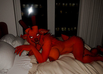 anthro aroused aroused_face aroused_female bed bed_covers bed_sheet bedding bedroom bedroom_eyes bedroom_sex big_breasts big_butt blinds breasts butt detailed_background detailed_fur digitigrade eyebrows female filter fur furniture glare glaring glaring_at_viewer hair holding_head horn looking_at_viewer nails narrowed_eyes nipples noise_filter nude on_bed photo realistic red_body red_fur red_hair seductive smile smiling_at_viewer solo thick_thighs window window_curtains tyrokirex slad_(modeler) chert_(slad) bovid bovine caprine goat mammal sheep detailed hi_res