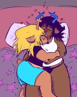 anthro bed black_hair blonde_hair clothing cuddling duo female female/female furniture hair heart_symbol lying piercing pillow shirt sleeping sound_effects tank_top topwear underwear vowelless vowelless_sound_effect zzz playdoe deltarune undertale_(series) dess_holiday noelle_holiday deer mammal new_world_deer reindeer 4:5 incest_(lore) trans_(lore) trans_woman_(lore)
