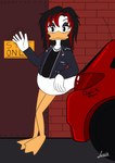 anatid anseriform anthro avian avian_butt bird black_clothing black_hair black_jacket black_shirt black_topwear bottomless car clothed clothing disney duck duck_footed ducktales ducktales_(2017) female gesture hair hanging_sign highlights_(coloring) jacket long_hair looking_at_viewer lunula_(artist) musician paivio_selanne paivio_selanne_(ducktales) red_car red_highlights shirt sign singer solo topwear vehicle waving