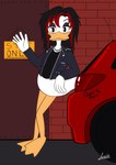 anthro avian_butt avian_feet barefoot beak black_clothing black_hair black_jacket black_shirt black_topwear bottomless car clothed clothing feet female gesture hair hanging_sign highlights_(coloring) jacket long_hair looking_at_viewer membrane_(anatomy) musician red_car red_highlights shirt sign singer solo toes topwear vehicle waving webbed_feet kinkypeach disney ducktales ducktales_(2017) paivio_selanne paivio_selanne_(ducktales) anatid anseriform avian bird duck