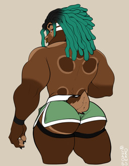 ambiguous_gender anthro athletic_wear big_butt black_wristband bottomwear brown_body brown_fur butt clothing dreadlocks facial_piercing fur fur_markings green_bottomwear green_clothing green_shorts gym_bottomwear gym_shorts hair half-closed_eyes hotpants jockstrap looking_at_viewer looking_back markings multicolored_hair muscular narrowed_eyes nose_piercing nose_ring piercing rear_view ring_piercing shorts smug solo stripes thick_thighs two_tone_hair underwear visible_underwear white_stripes wristband chaosdraws reese_lightlender lagomorph leporid mammal rabbit 2022 absurd_res colored digital_media_(artwork) hi_res nonbinary_(lore)