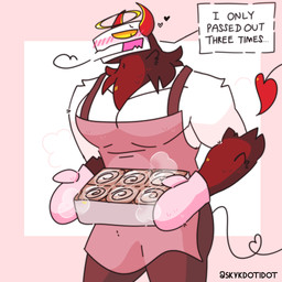 2_horns anthro apron blush blush_lines clothed clothed_anthro clothed_male clothing dialogue flesh_fang front_view fur halo handwear head_horn heart_symbol horn looking_at_viewer male mittens muscular muscular_anthro muscular_male neck_tuft open_mouth open_smile pecs pink_apron pink_background pink_clothing pink_handwear pink_mittens pupils red_body red_fur simple_background slit_pupils smile solo spade_tail speech_bubble tail talking_to_viewer text tuft white_body yellow_sclera skykdotidot karma_(skykdotidot) unknown_species 2014 artist_name digital_drawing_(artwork) digital_media_(artwork) english_text hi_res portrait three-quarter_portrait