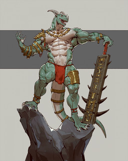 abs accessory anklet anthro armwear aztec biceps bottomwear bracelet clothing club_(weapon) furgonomics gold_(metal) gold_jewelry green_body horn jewelry loincloth male melee_weapon muscular muscular_male neckwear solo tail tail_accessory weapon pacelic lizard reptile scalie hi_res