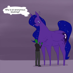 blue_body blue_fur blue_hair blush cutie_mark duo faceless_character faceless_male feathered_wings feathers female fur green_body green_skin hair hooves horn male question_mark size_difference teal_eyes text wings nivrozs friendship_is_magic hasbro my_little_pony mythology anon princess_luna_(mlp) equid equine human mammal mythological_creature mythological_equine winged_unicorn 1:1