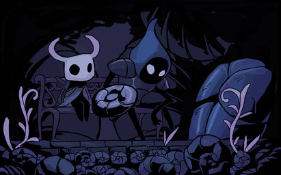 2_horns ambiguous_gender bench black_arms black_body black_fingers black_hands black_legs duo horn looking_down shield sitting double-zr-tap hollow_knight_(franchise) team_cherry the_knight_(hollow_knight) tiso_(hollow_knight) arthropod insect vessel_(species) 2025 black_and_blue monochrome