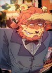 ahoge beard black_tie_(suit) blush bodily_fluids bouquet bow_tie clothed clothing facial_hair flower fully_clothed hair hand_on_head male nervous_smile plant ponytail solo suit sweat topwear vest animation_5 felid humanoid lion mammal pantherine hi_res watermark