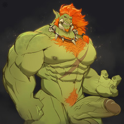 3_fingers abs balls barazoku big_muscles big_penis body_hair bone brown_hair chest_hair chest_tuft countershade_hands countershading ear_piercing fingers genitals green_arms green_balls green_body green_chest green_fingers green_hands green_head green_legs green_nipples green_penis green_skin green_tail hair happy_trail humanoid_genitalia humanoid_penis jewelry male male_humanoid muscular muscular_humanoid necklace nipples not_furry orange_pubes pecs penis piercing pointy_ears pubes red_eyes scar skull solo tail tuft tusks internaledge zin'tah_(raelthan) humanoid troll_(mythology) 2025 hi_res