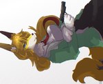 anthro blonde_hair blue_eyes clothing female fur gloves gun hair handgun handwear jacket long_hair looking_at_viewer necktie pistol ranged_weapon sideways simple_background smile solo topwear weapon white_background ymsrplan yaco_kitagawa canid canine fox mammal true_fox