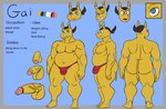 anthro balls blue_eyes butt erection genitals hair horn male muscular muscular_male nipples nude penis ponytail simple_background smile solo text yellow_body yellow_skin cherryfox73 gai_(cherryfox73) mammal rhinoceros english_text hi_res