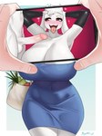 anthro big_breasts breasts clothed clothing dress electronics female fur genitals horn huge_breasts male male/female mature_anthro mature_female penis phone piercing red_eyes simple_background solo text tongue tongue_piercing white_body white_fur wide_hipped_female wide_hips sophiathedragon undertale undertale_(series) toriel boss_monster_(undertale) bovid caprine goat mammal 3:4 absurd_res hi_res