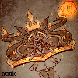 ambiguous_gender anthro book bottomwear burning burning_eyes clothing d20 dice fire fire_crown fire_eyes glowing glowing_eyes hair_on_fire holidays long_ears looking_at_viewer open_book open_mouth orange_book orange_dice orange_eyes skirt solo wysdrem halloween hybrid unknown_species 1:1 hi_res