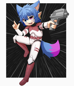 adolescent ear_piercing ear_ring ear_tuft gun heterochromia looking_at_viewer male open_mouth open_smile piercing ranged_weapon ring_piercing smile solo tuft weapon young choki canid canine fox humanoid hybrid mammal 2025 hi_res