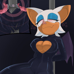anthro closed_smile cuff_(restraint) female fur fuzzy_handcuffs handcuffed handcuffed_to_pole handcuffs hypnosis latex metal_cuffs mind_control mouth_closed nipple_outline pink_eyes purple_wings restraints smile spiral spiral_eyes white_body white_fur wings hypnosalazzle sega sonic_the_hedgehog_(series) rouge_the_bat bat mammal 1:1 absurd_res hi_res