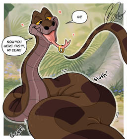 abdominal_bulge anthro buccinator duo forked_tongue fully_inside half-closed_eyes heart_symbol male narrowed_eyes piercing ring ring_piercing rumbling_stomach speech_bubble text tongue tongue_out tongue_piercing tongue_ring tongue_sheath vore sinscaliecringe_(artistdragon) the_jungle_book kaa_(jungle_book) indian_python python reptile scalie snake english_text hi_res