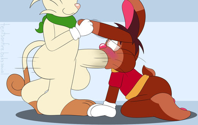 3_toes 4_fingers anthro balls big_penis blush blush_lines bodily_fluids butt cartoon_gloves duo ear_grab ear_pull feet fingers genitals male male/male oral pawpads paws penis penis_in_mouth rough_oral rough_sex sack saliva saliva_on_penis sex soles stretching stretching_ears tail thrust_lines thrusting toes toony tentsonfire nintendo pokemon meowth_tents(tentsonfire) roderick_(tamerkoh) tents_(tentsonfire) toon_meowth_tents_(tentsonfire) generation_1_pokemon lagomorph leporid mammal meowth pokemon_(species) rabbit hi_res