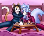 anthro anthro_on_anthro bacon bed big_breasts black_eyes black_hair black_nose blue_body blue_bottomwear blue_clothing blue_fur blue_hair blue_pants blue_shirt blue_topwear bottomwear breakfast breasts brown_body brown_fur chest_tuft clothing duo egg facial_hair female fluffy fluffy_tail food fur furniture goatee hair heart_symbol holidays interspecies looking_at_another male male/female meat on_bed pancake pants pillow pink_background pupils red_bottomwear red_clothing red_eyes red_pants red_shirt red_topwear romantic romantic_couple shirt simple_background sitting smile steam tail topwear tuft under_covers waffle whiskers white_body white_fur white_inner_ear felino valentine's_day lettuce_(latexia) peter_(felino) domestic_cat felid feline felis mammal rodent sciurid tree_squirrel 2023 6:5 absurd_res hi_res